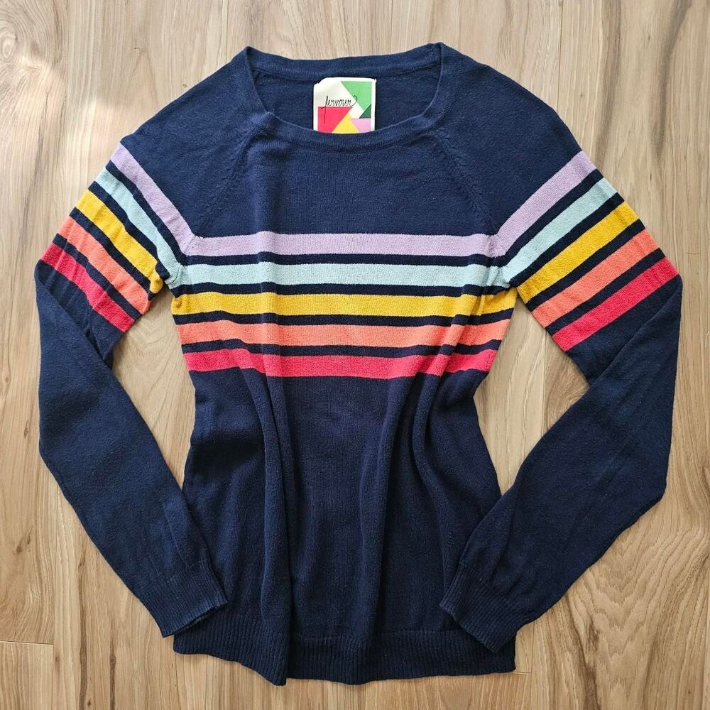 Fervour 100% cotton navy blue sweater with multi colored stripes Size S
